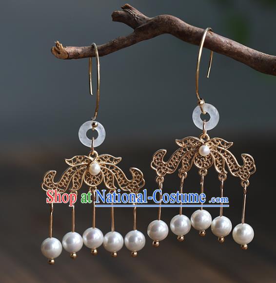 Handmade Chinese Ancient Bride Tassel Golden Earrings Jewelry Traditional Wedding White Jade Ear Accessories