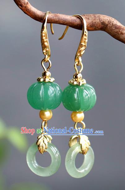 Handmade Chinese Traditional Wedding Jade Pumpkin Ear Accessories Ancient Qing Dynasty Earrings Jewelry