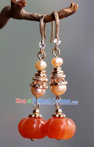 Handmade Chinese Ancient Qing Dynasty Pearls Earrings Jewelry Traditional Wedding Agate Pumpkin Ear Accessories