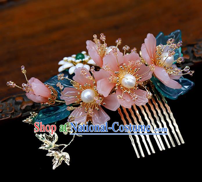 Chinese Traditional Hanfu Pink Flowers Hair Comb Wedding Hair Accessories Ancient Bride Hairpin