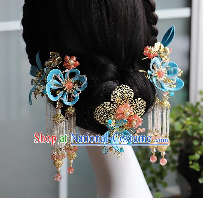 Traditional China Ancient Bride Blue Silk Flower Hair Comb Tassel Hairpins Handmade Wedding Hair Ornament Full Set