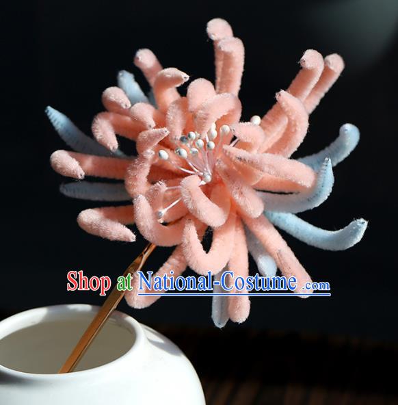 Chinese Wedding Hair Accessories Ancient Bride Pink Velvet Chrysanthemum Hairpin Traditional Hanfu Hair Stick