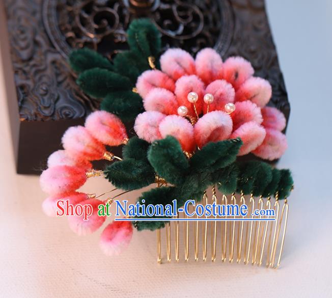 Chinese Wedding Hair Accessories Ancient Bride Pink Velvet Flowers Hairpin Traditional Hanfu Hair Comb