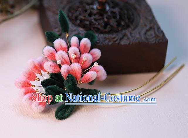 Chinese Ancient Bride Pink Velvet Flowers Hairpin Traditional Hanfu Hair Stick Wedding Hair Accessories