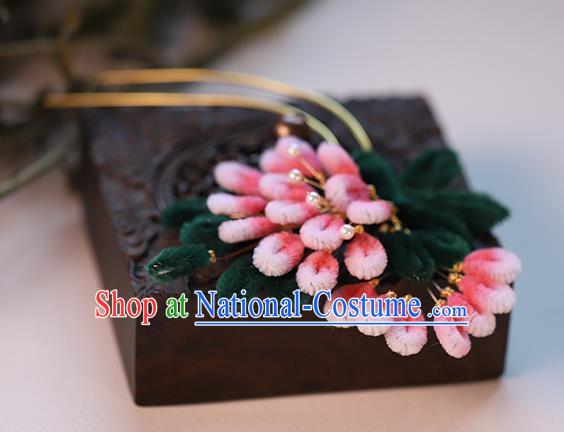 Chinese Ancient Bride Pink Velvet Flowers Hairpin Traditional Hanfu Hair Stick Wedding Hair Accessories