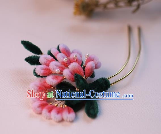 Chinese Ancient Bride Pink Velvet Flowers Hairpin Traditional Hanfu Hair Stick Wedding Hair Accessories