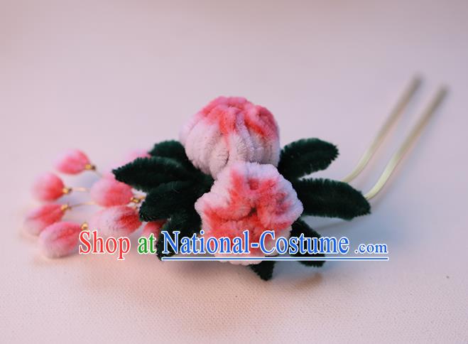 Chinese Ancient Bride Pink Velvet Flowers Hairpin Traditional Hanfu Hair Stick Wedding Hair Accessories