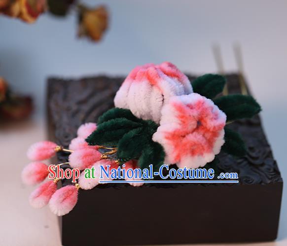 Chinese Ancient Bride Pink Velvet Flowers Hairpin Traditional Hanfu Hair Stick Wedding Hair Accessories