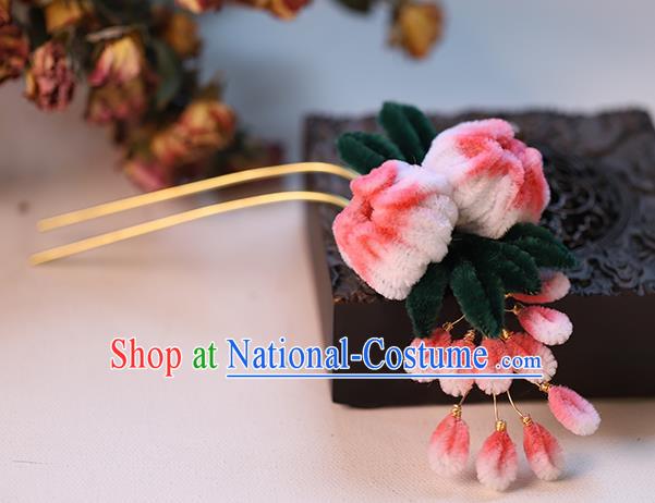 Chinese Ancient Bride Pink Velvet Flowers Hairpin Traditional Hanfu Hair Stick Wedding Hair Accessories