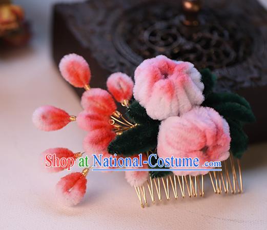 Chinese Wedding Hair Accessories Ancient Bride Hairpin Traditional Hanfu Pink Velvet Chrysanthemum Hair Comb