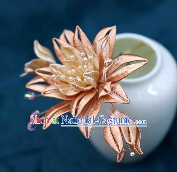 Chinese Traditional Ming Dynasty Hanfu Hair Stick Ancient Bride Orange Silk Flower Hairpin Wedding Hair Accessories