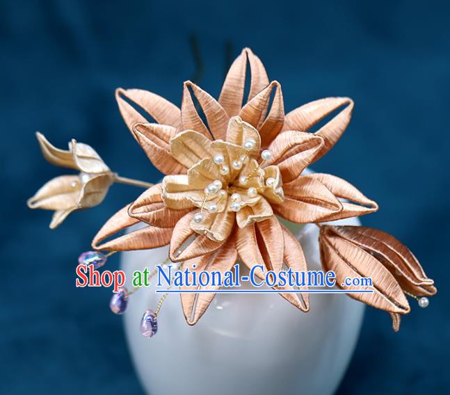 Chinese Traditional Ming Dynasty Hanfu Hair Stick Ancient Bride Orange Silk Flower Hairpin Wedding Hair Accessories