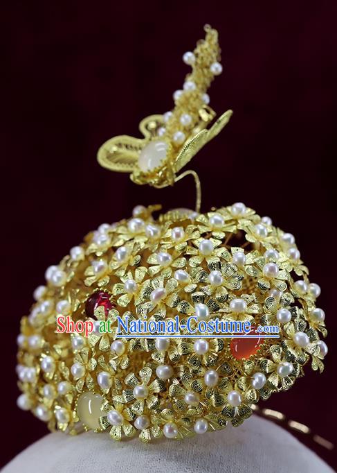 Chinese Ancient Bride Phoenix Coronet Ming Dynasty Golden Dragonfly Hair Crown Traditional Wedding Pearls Hair Accessories