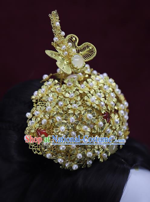 Chinese Ancient Bride Phoenix Coronet Ming Dynasty Golden Dragonfly Hair Crown Traditional Wedding Pearls Hair Accessories