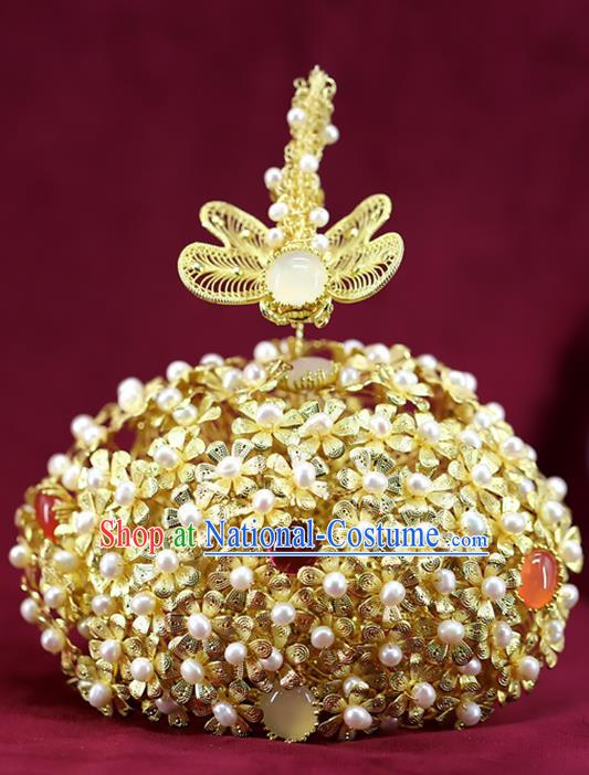 Chinese Ancient Bride Phoenix Coronet Ming Dynasty Golden Dragonfly Hair Crown Traditional Wedding Pearls Hair Accessories