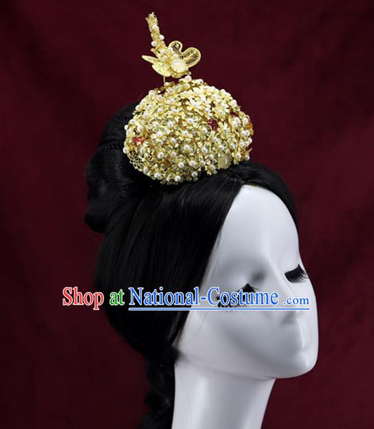 Chinese Ancient Bride Phoenix Coronet Ming Dynasty Golden Dragonfly Hair Crown Traditional Wedding Pearls Hair Accessories