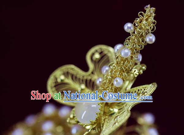 Chinese Ancient Bride Phoenix Coronet Ming Dynasty Golden Dragonfly Hair Crown Traditional Wedding Pearls Hair Accessories