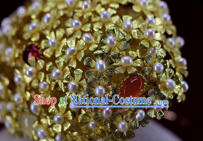 Chinese Ancient Bride Phoenix Coronet Ming Dynasty Golden Dragonfly Hair Crown Traditional Wedding Pearls Hair Accessories