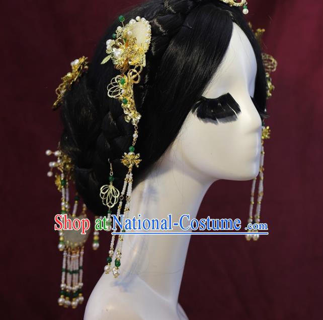 Traditional China Ancient Bride Jade Tassel Hair Comb Handmade Hairpins Wedding Hair Ornament Full Set