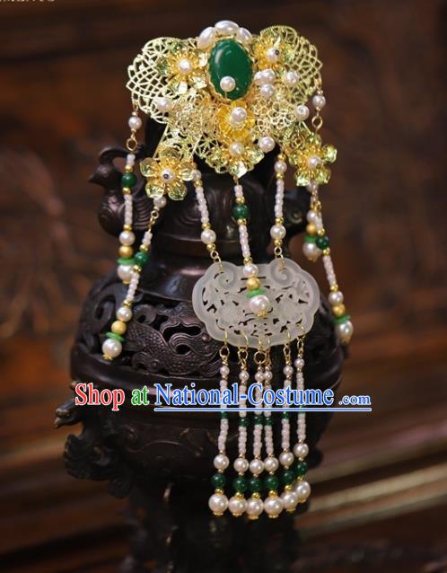 Traditional China Ancient Bride Jade Tassel Hair Comb Handmade Hairpins Wedding Hair Ornament Full Set