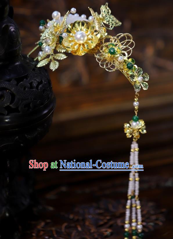 Traditional China Ancient Bride Jade Tassel Hair Comb Handmade Hairpins Wedding Hair Ornament Full Set