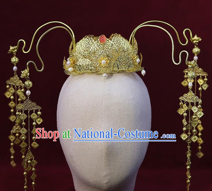 Traditional China Ancient Bride Golden Lotus Hair Crown Hairpins Handmade Wedding Hair Ornament Phoenix Coronet Full Set