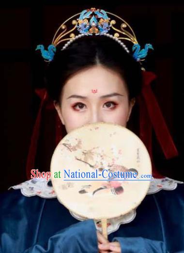 Chinese Traditional Hanfu Hairpin Hair Accessories Ancient Ming Dynasty Blueing Phoenix Hair Crown