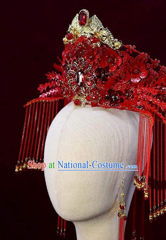 Traditional China Ancient Bride Red Tassel Phoenix Coronet Handmade Hairpins Wedding Hair Ornament Full Set