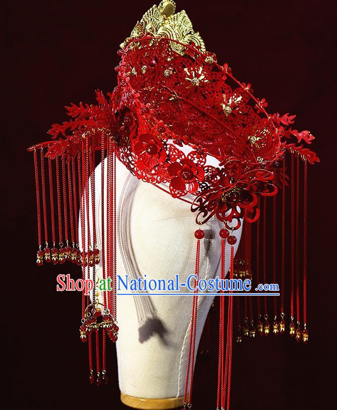 Traditional China Ancient Bride Red Tassel Phoenix Coronet Handmade Hairpins Wedding Hair Ornament Full Set