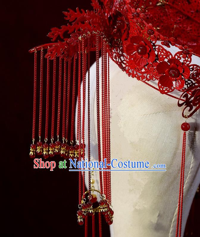 Traditional China Ancient Bride Red Tassel Phoenix Coronet Handmade Hairpins Wedding Hair Ornament Full Set