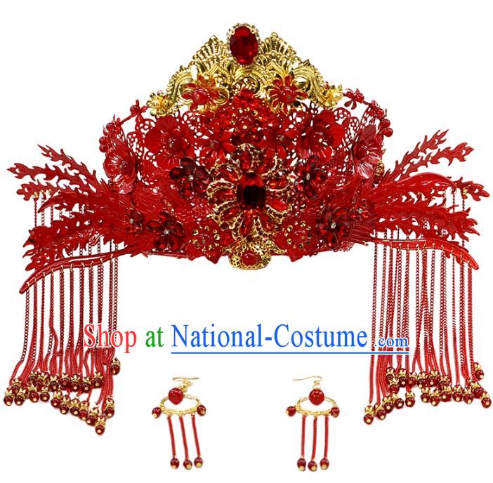 Traditional China Ancient Bride Red Tassel Phoenix Coronet Handmade Hairpins Wedding Hair Ornament Full Set