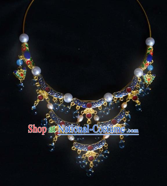 Handmade Chinese Ancient Empress Blue Necklace Jewelry Traditional Ming Dynasty Necklet Accessories