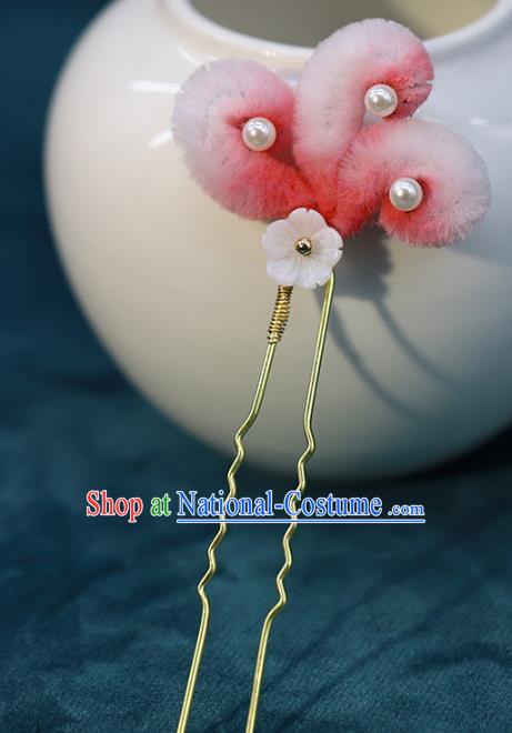 Chinese Ancient Bride Hairpin Wedding Hair Accessories Traditional Hanfu Pink Velvet Fox Tail Hair Stick