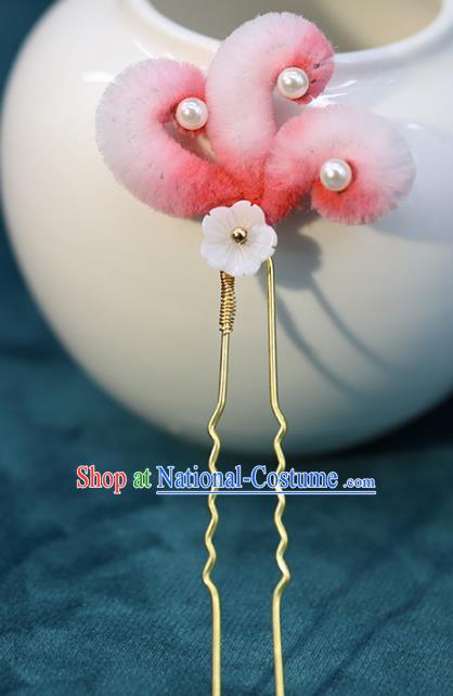 Chinese Ancient Bride Hairpin Wedding Hair Accessories Traditional Hanfu Pink Velvet Fox Tail Hair Stick