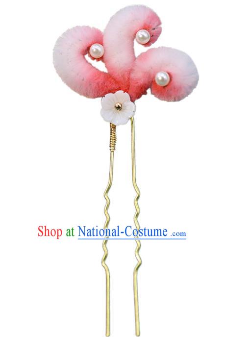 Chinese Ancient Bride Hairpin Wedding Hair Accessories Traditional Hanfu Pink Velvet Fox Tail Hair Stick