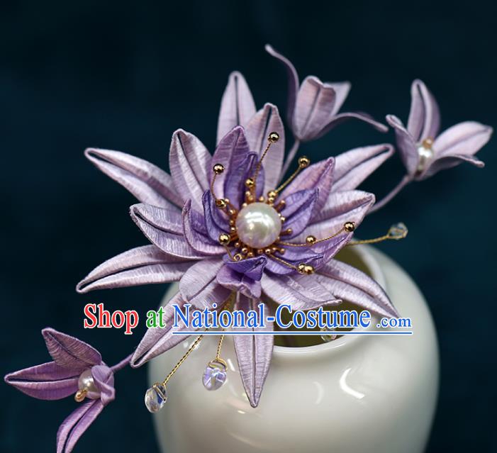 Chinese Traditional Wedding Hair Accessories Hanfu Hair Stick Ancient Bride Purple Silk Epiphyllum Hairpin