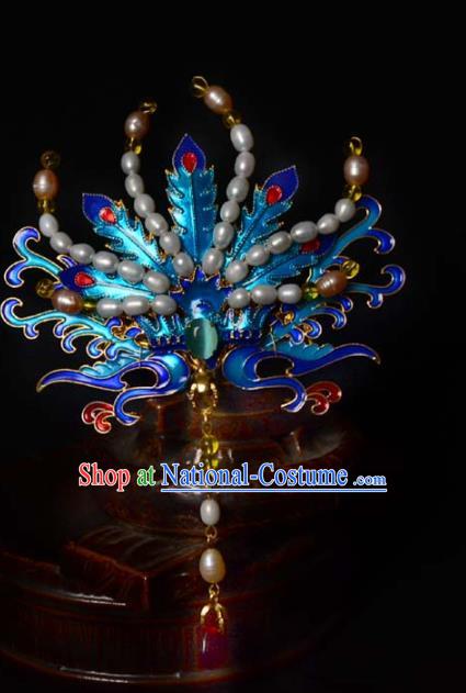 Chinese Traditional Blueing Phoenix Hair Crown Ancient Empress Pearls Hairpin Hanfu Hair Accessories