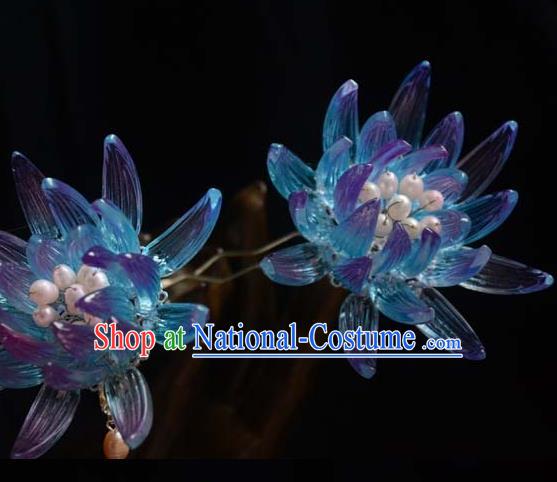 Chinese Ancient Empress Blue Epiphyllum Hairpin Traditional Hair Accessories Hanfu Hair Stick