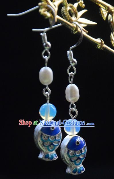 Handmade Chinese Ancient Princess Argent Earrings Jewelry Traditional Blueing Fish Ear Accessories