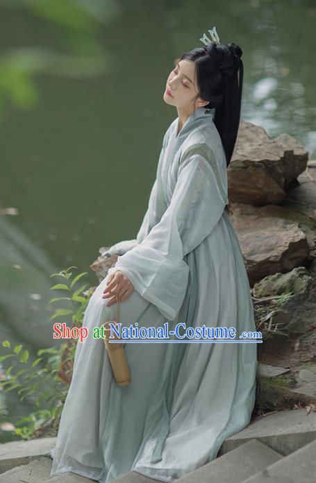 Traditional China Jin Dynasty Noble Infanta Historical Clothing Ancient Female Swordsman Blue Hanfu Dress