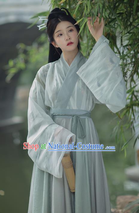 Traditional China Jin Dynasty Noble Infanta Historical Clothing Ancient Female Swordsman Blue Hanfu Dress