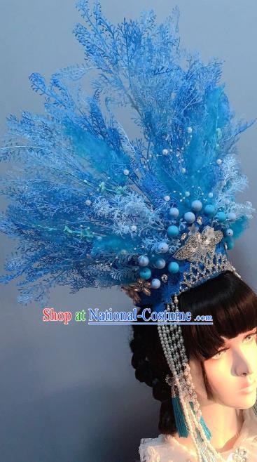 Top Baroque Queen Hat Hair Accessories Handmade Blue Royal Crown Stage Show Hair Ornament