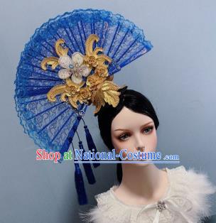 Handmade Chinese Blue Lace Fan Hair Crown Traditional Wedding Hair Accessories Stage Performance Tassel Phoenix Coronet