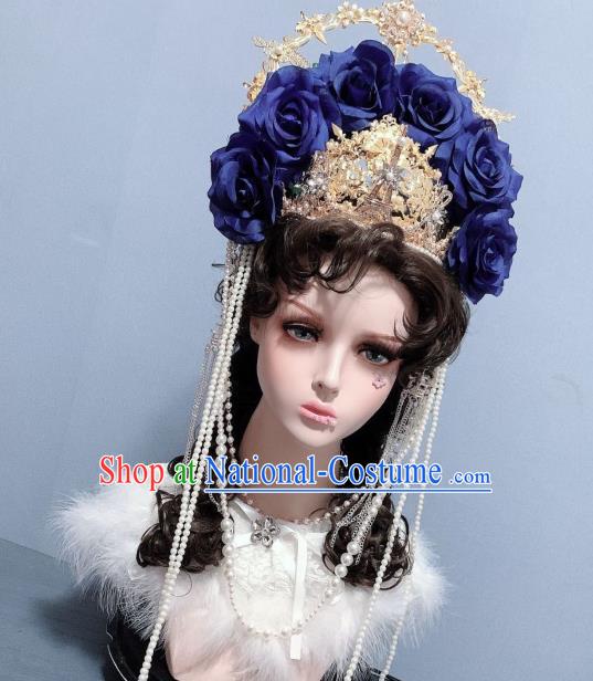 Top Handmade Blue Roses Royal Crown Hair Accessories Stage Show Hair Ornament Baroque Princess Hair Clasp