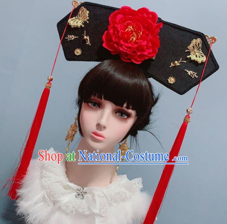 China Traditional Drama Court Phoenix Coronet Ancient Imperial Consort Hair Accessories Qing Dynasty Red Peony Hat