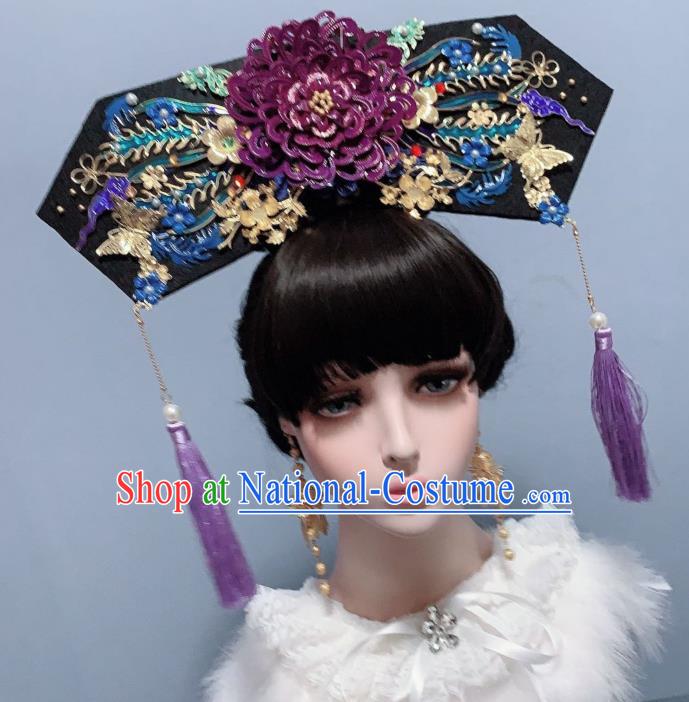 China Traditional Drama Ancient Imperial Consort Hair Accessories Qing Dynasty Court Cloisonne Purple Peony Phoenix Coronet