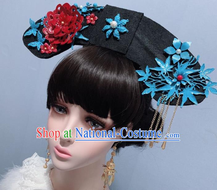 China Traditional Drama Headdress Qing Dynasty Court Lady Cloisonne Red Peony Phoenix Coronet Ancient Imperial Consort Hair Accessories