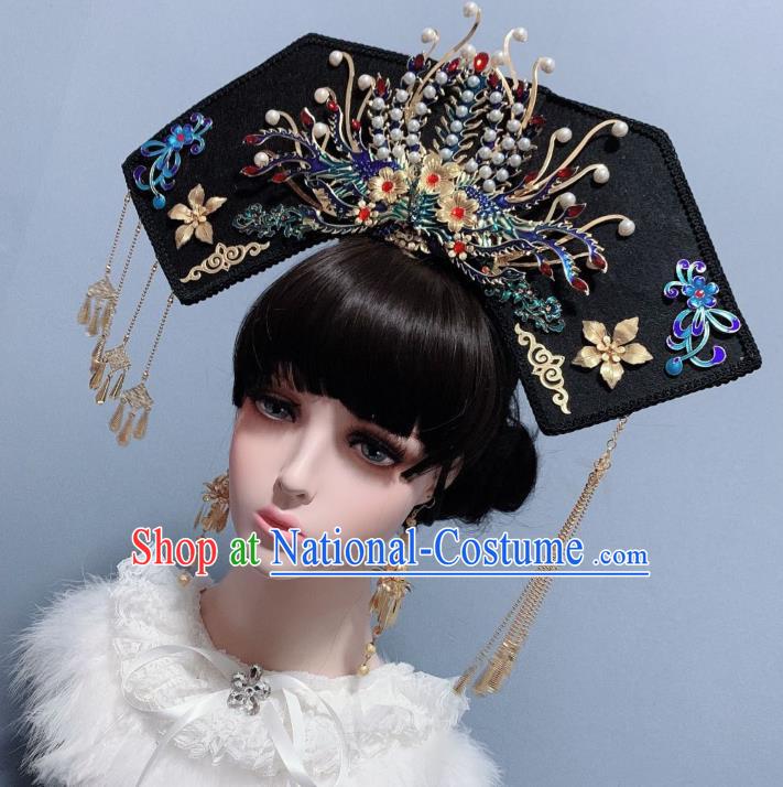 China Ancient Palace Lady Hair Accessories Traditional Drama Headdress Qing Dynasty Imperial Consort Cloisonne Phoenix Coronet