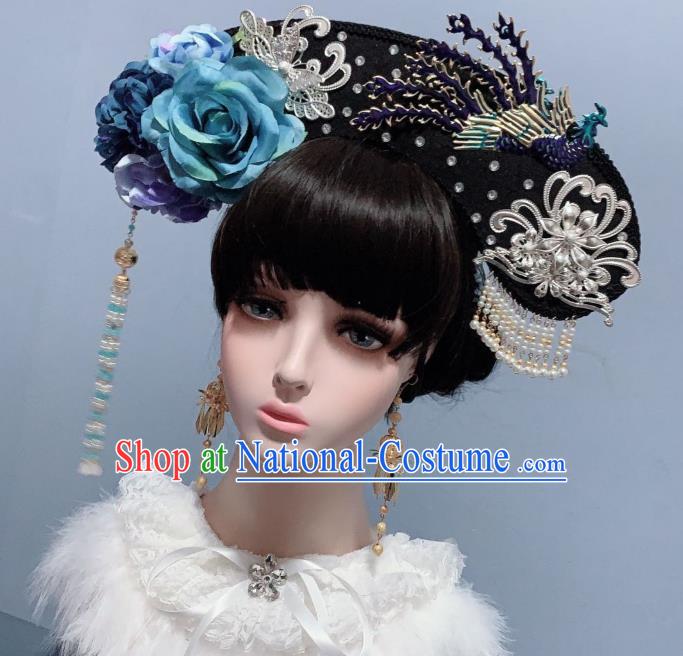 China Qing Dynasty Imperial Consort Blue Silk Peony Phoenix Coronet Ancient Palace Lady Hair Accessories Traditional Drama Court Hat