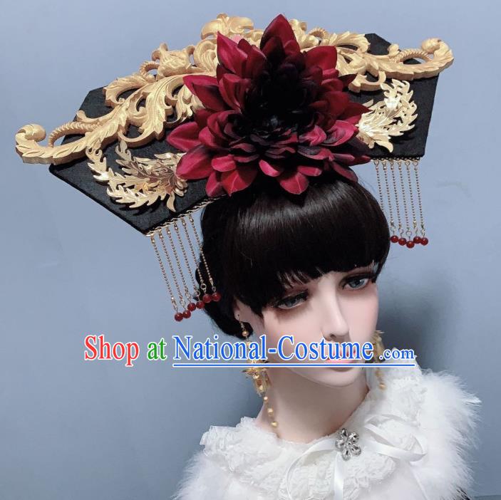 China Ancient Palace Lady Hair Accessories Traditional Drama Red Peony Hat Qing Dynasty Imperial Consort Phoenix Coronet